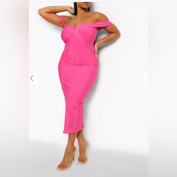 BOOHOO PLUS PINK OFF THE SHOULDER BANDAGE SCULPT MIDI DRESS US SIZE 20 - Picture 1 of 10